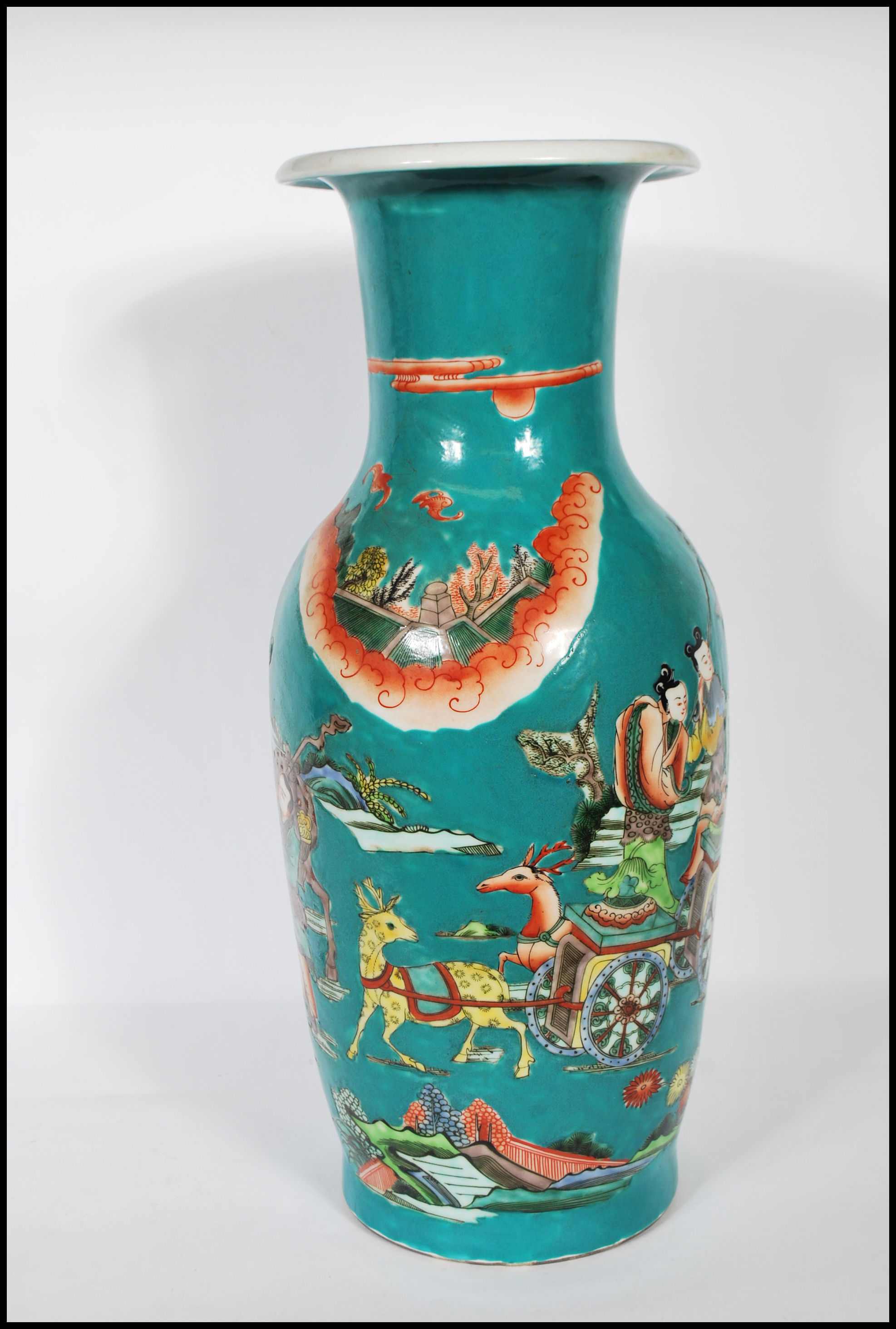 A 20th Century Chinese large porcelain temple vase having teal ground with hand painted and - Image 4 of 6