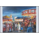 John Berry - A 20th Century oil on board painting depicting a busy fairground at night. Signed to