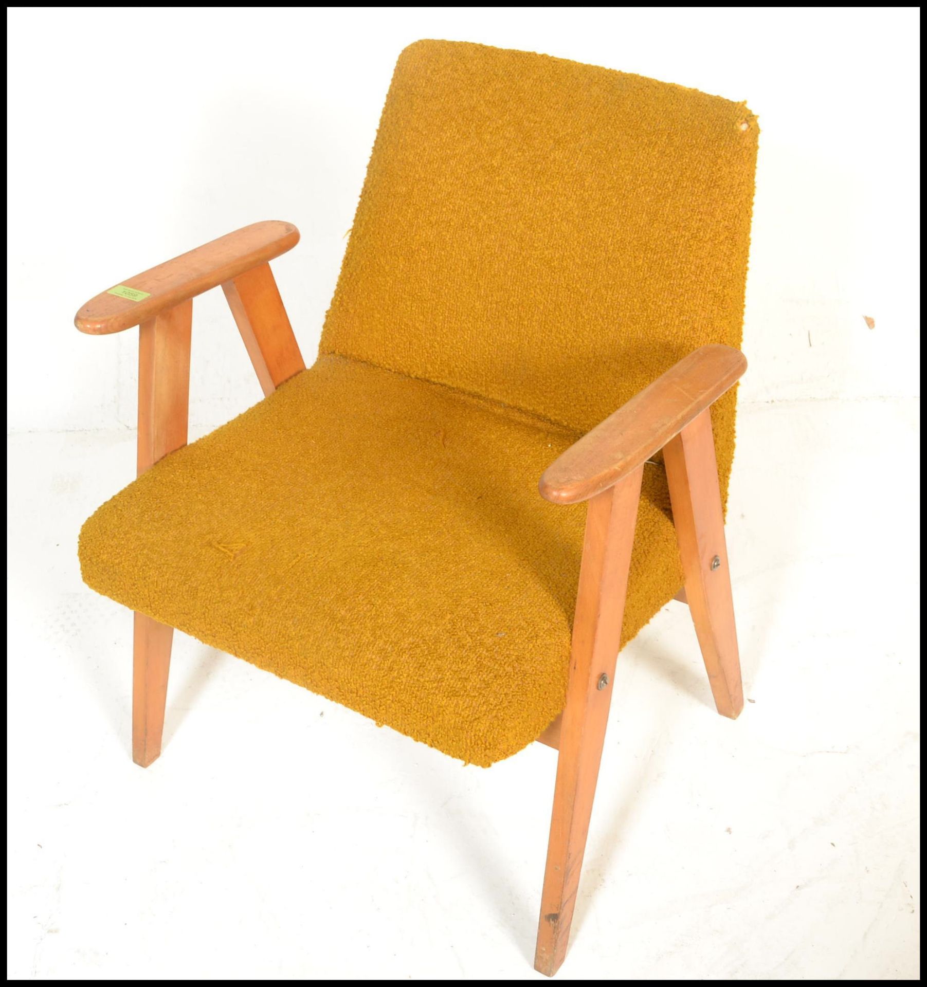 A Danish style retro 20th Century open framed beech wood lounge / fireside armchair, upholstered - Bild 3 aus 6