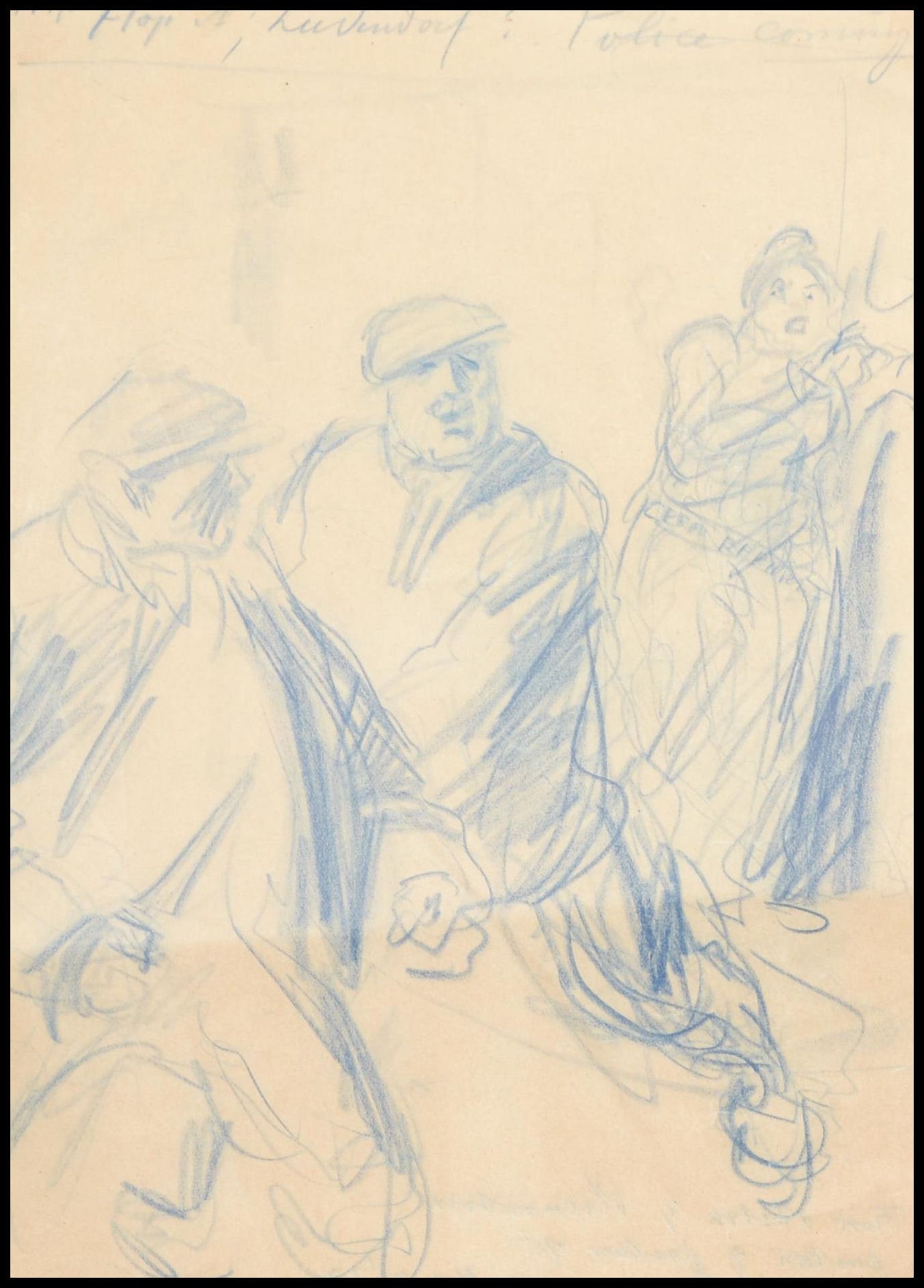 A WWII second world war related sketch on notebook paper depicting two men in flat caps running with