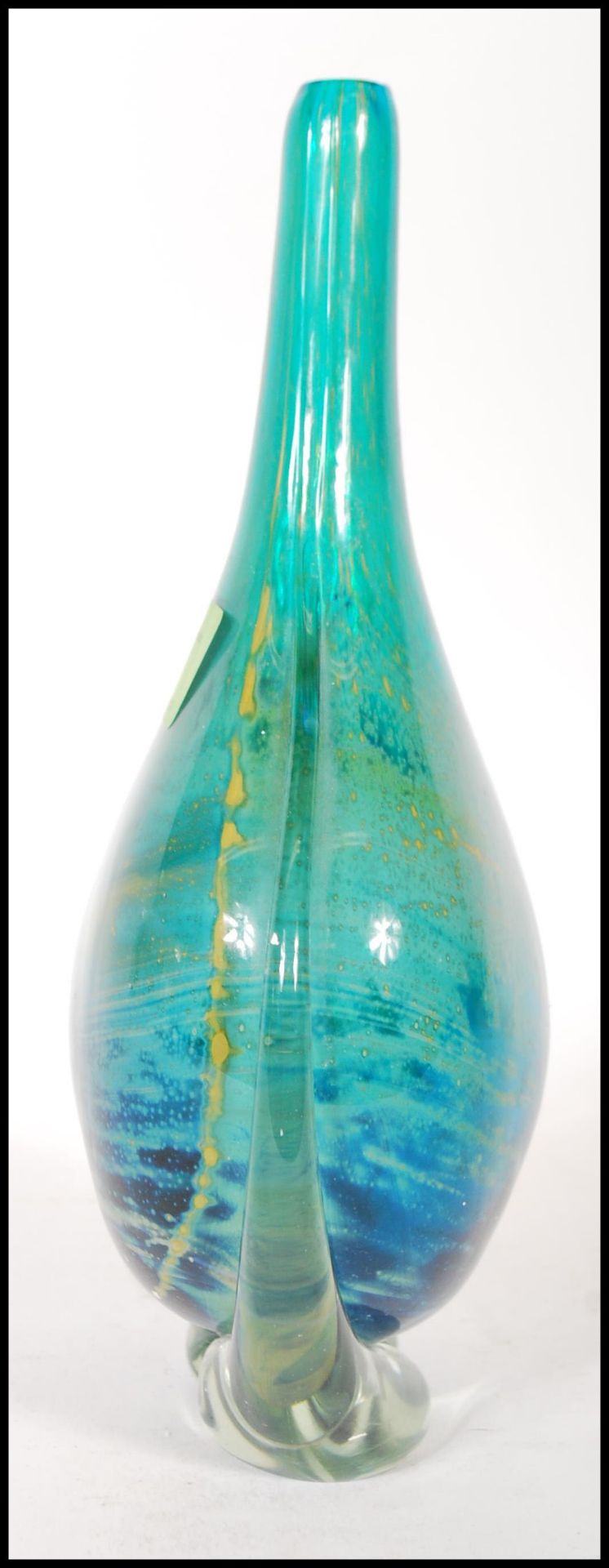 A vintage 20th century Mdina studio art glass stem vase having blue and yellow swirl design. - Bild 2 aus 6