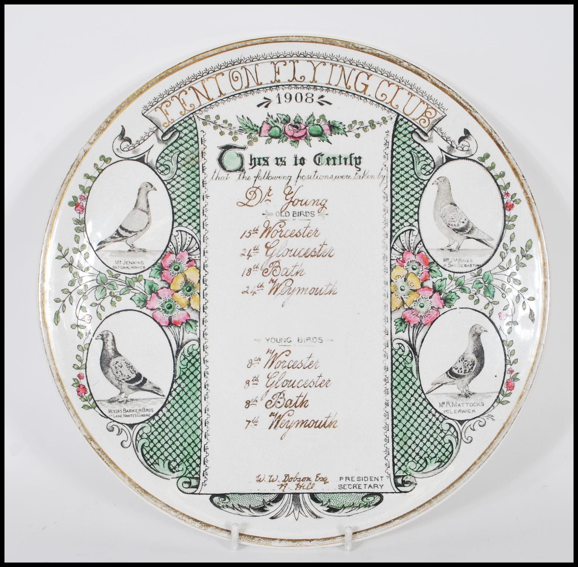 A early 20th Century Fenton Flying Club 1908 presentation pigeon racing plate, presented to W.W.