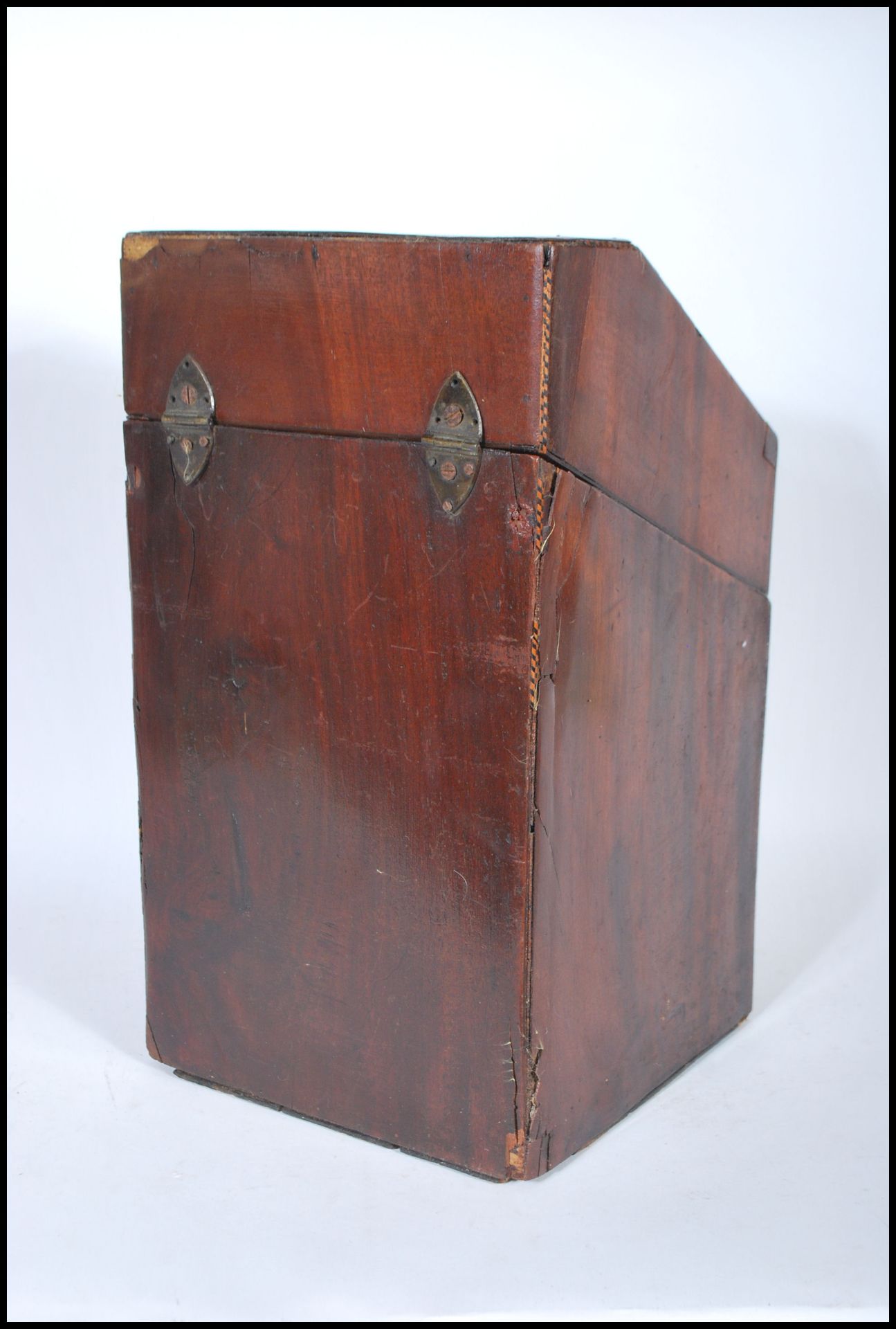 An 18th century George III mahogany inlaid knife box - cutlery box. Of serpentine form with hinged - Image 6 of 6