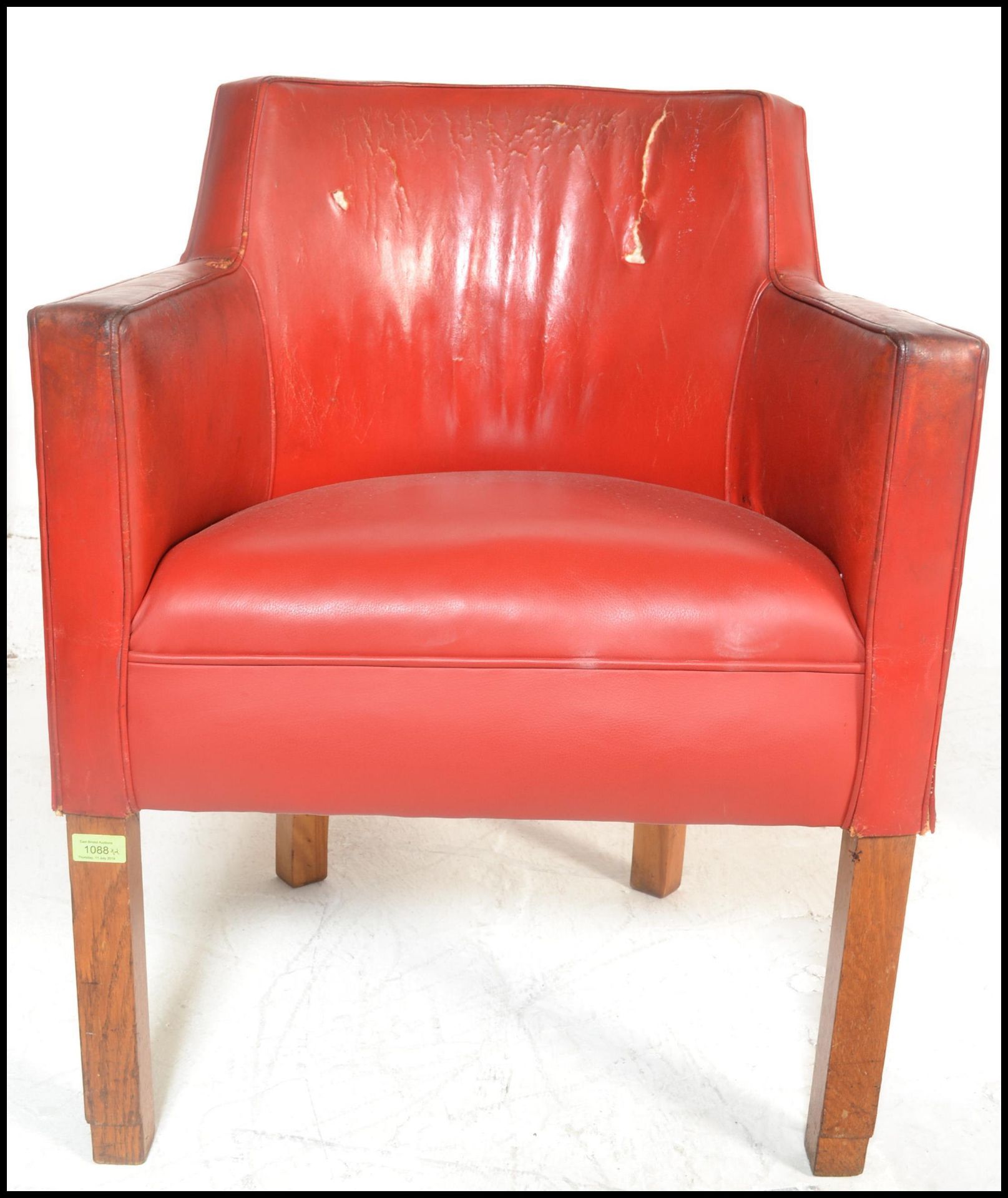 A pair of mid 20th Century tub / club / armchairs, raised on beech square supports, upholstered in - Bild 5 aus 6