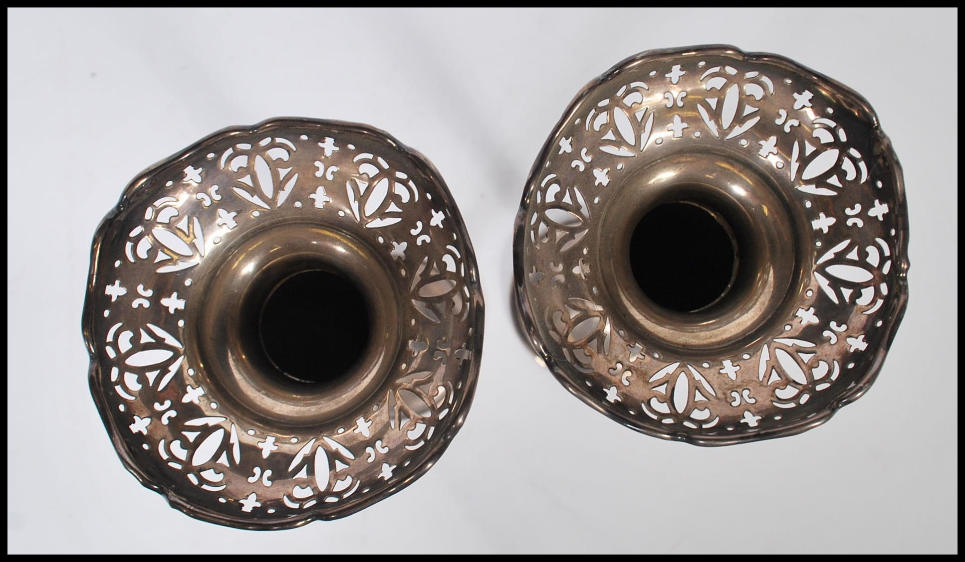 A pair of early 20th Century Art nouveau silver hallmarked spill vases of tapering form having - Image 8 of 9
