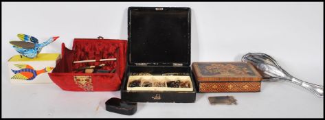 A collection of 19th Century and later items to include a red velvet sewing case having turned