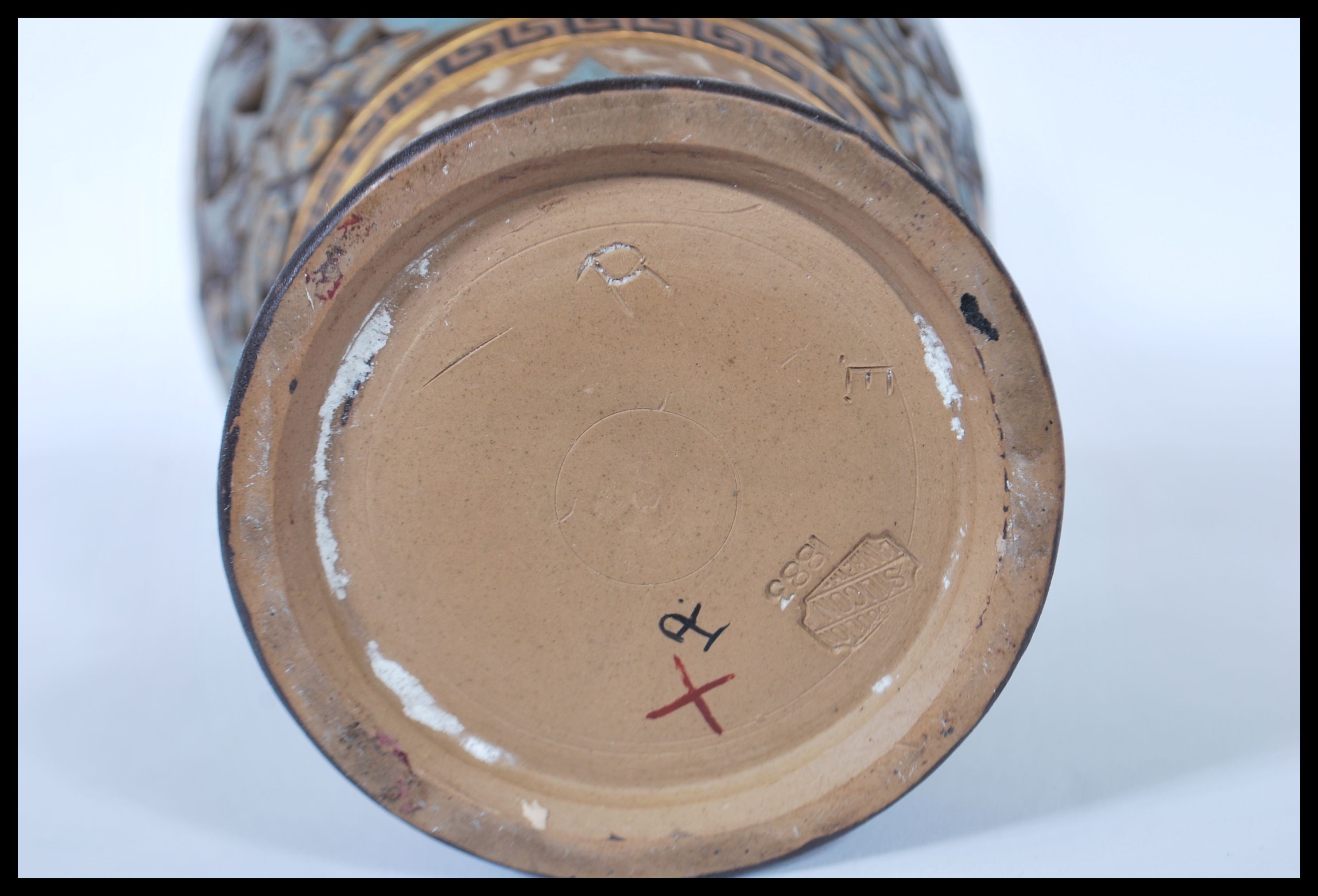 A 19th century Doulton Lambeth stoneware fret pierced vase of baluster form. Lattice pierced - Image 6 of 6