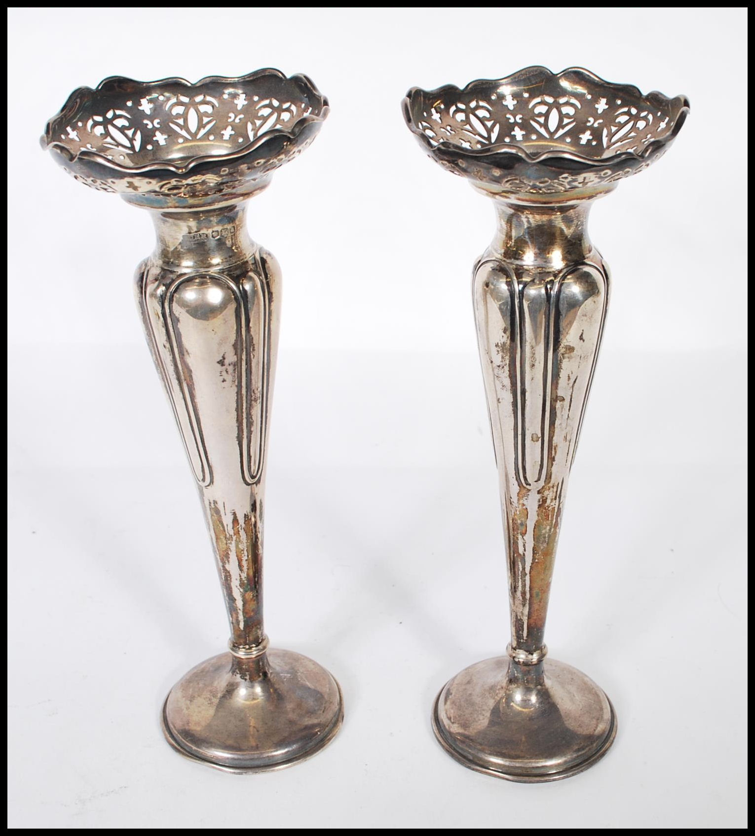 A pair of early 20th Century Art nouveau silver hallmarked spill vases of tapering form having - Image 2 of 9