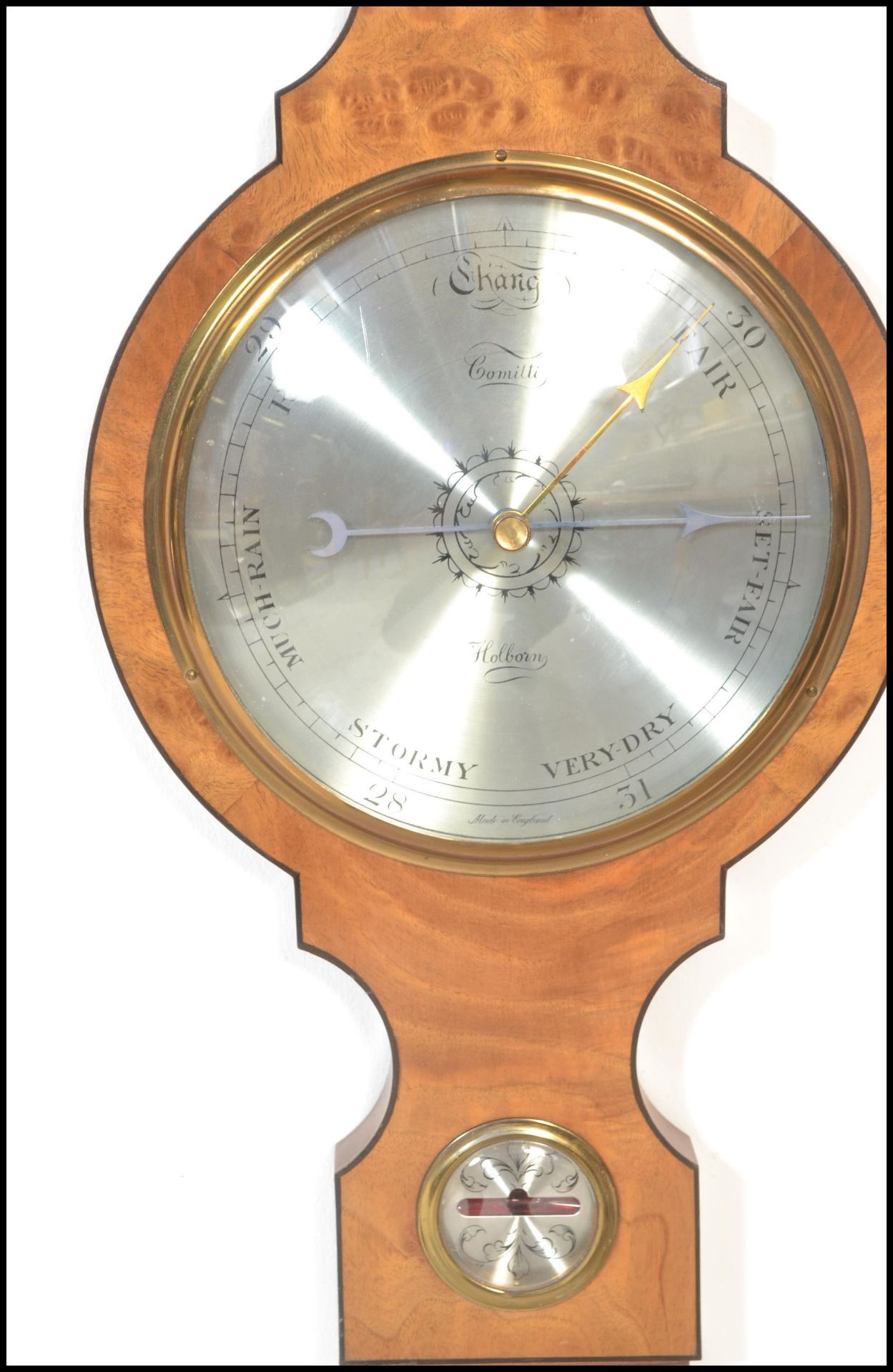 A 20th Century Georgian antique revival satin wood wooden cased wall barometer by Comitti of - Image 2 of 5