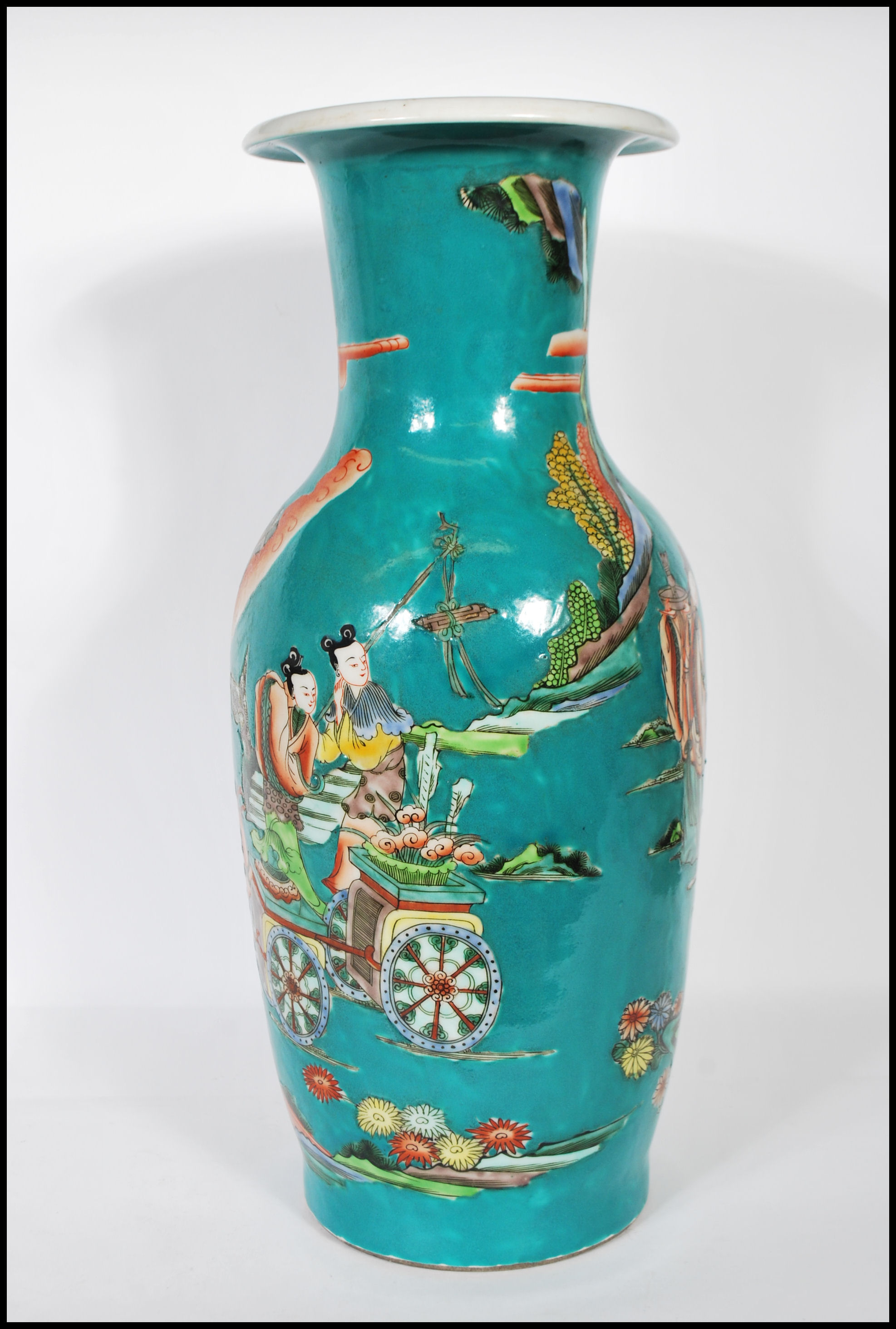 A 20th Century Chinese large porcelain temple vase having teal ground with hand painted and - Image 3 of 6