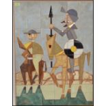 A vintage retro 20th Century tiled wall art panel depicting Don Quixote and Sanchez riding on