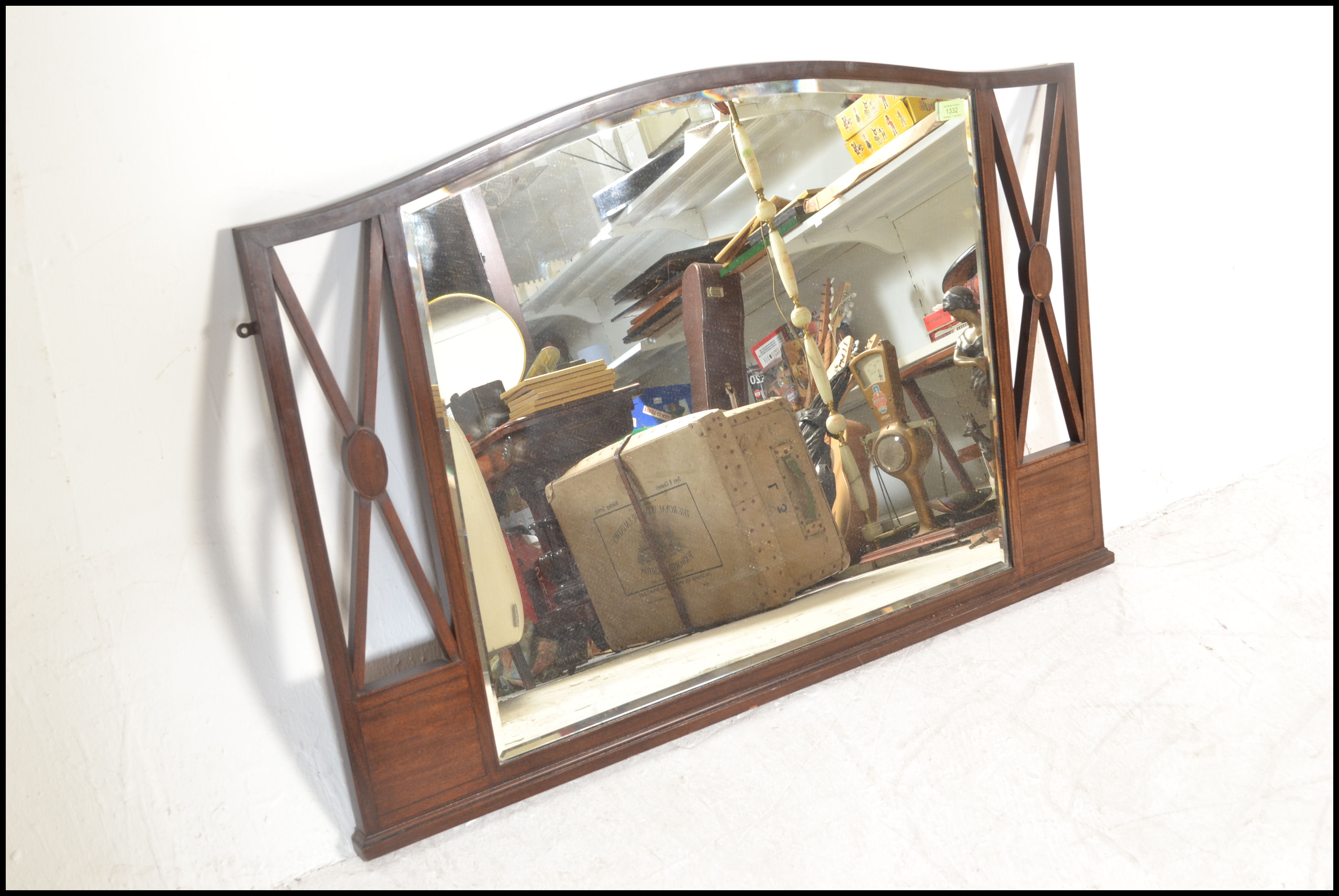 An early 20th Century Edwardian mahogany inlaid arched overmantel wall mirror, central bevelled - Image 3 of 6