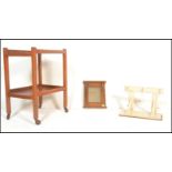 A vintage childs chair in beech and elm together with a mirror coat rack, another shelf with