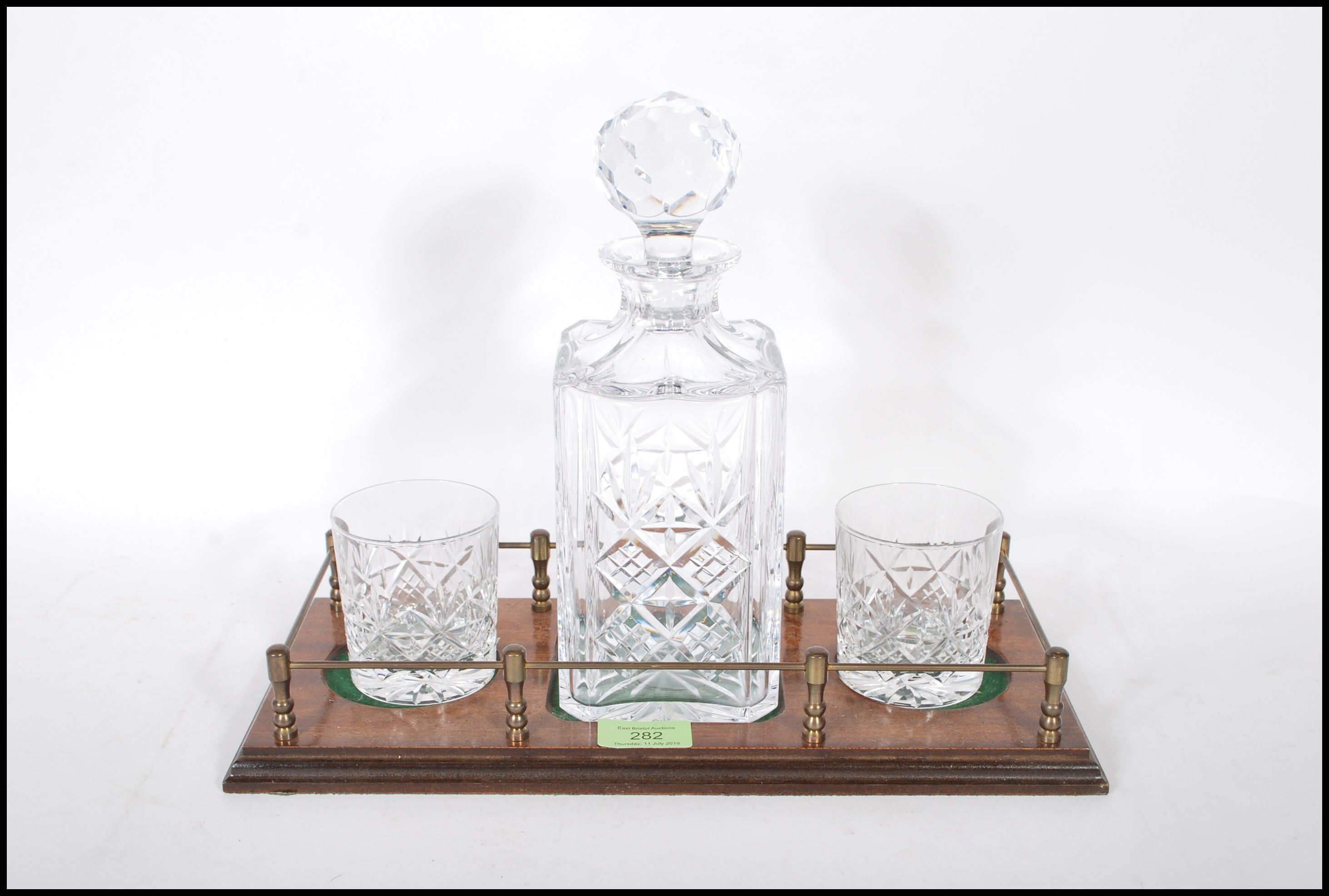 A vintage 20th Century cut glass decanter set having a stepped wooden base with a cut glass decanter - Image 2 of 8