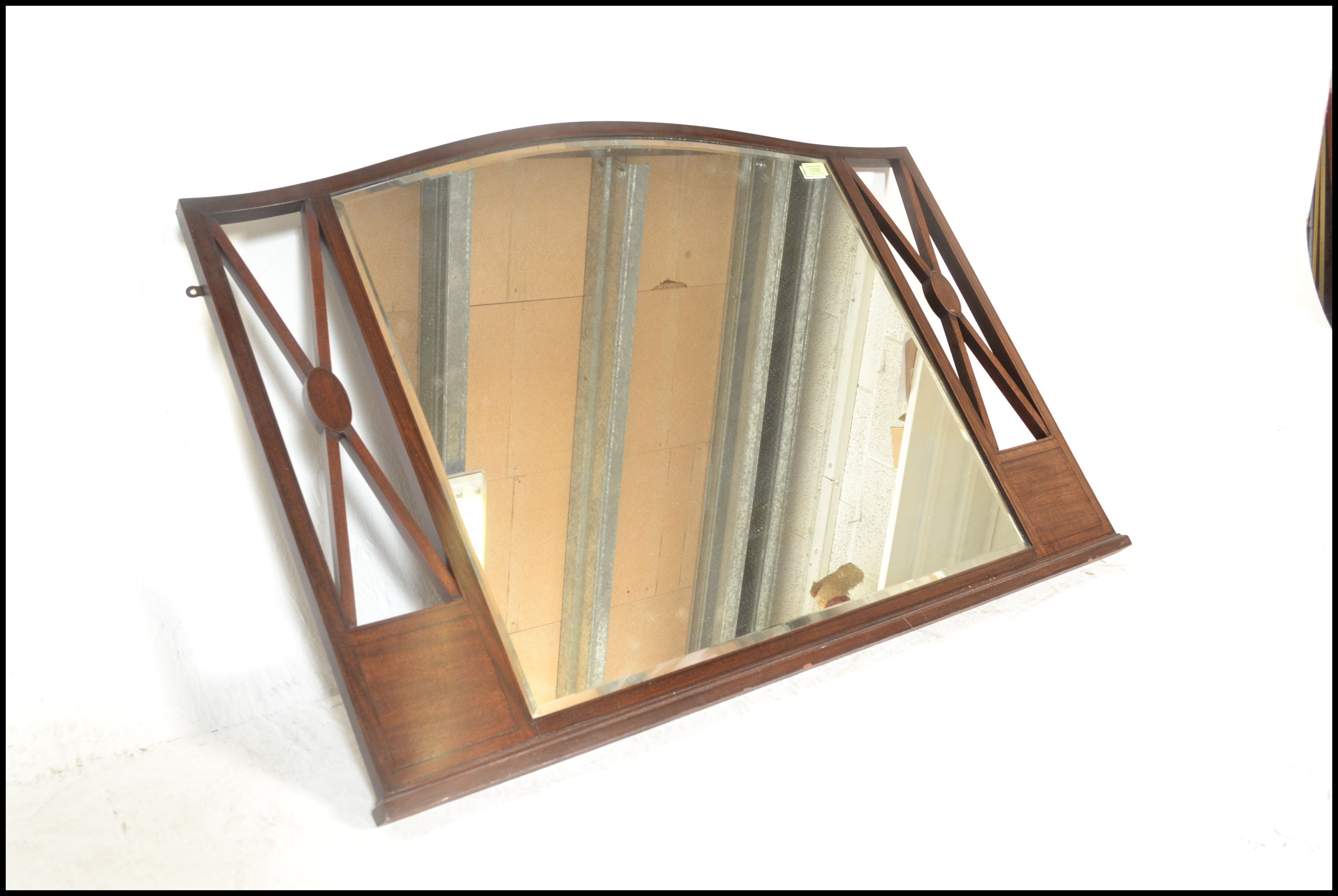 An early 20th Century Edwardian mahogany inlaid arched overmantel wall mirror, central bevelled - Image 4 of 6