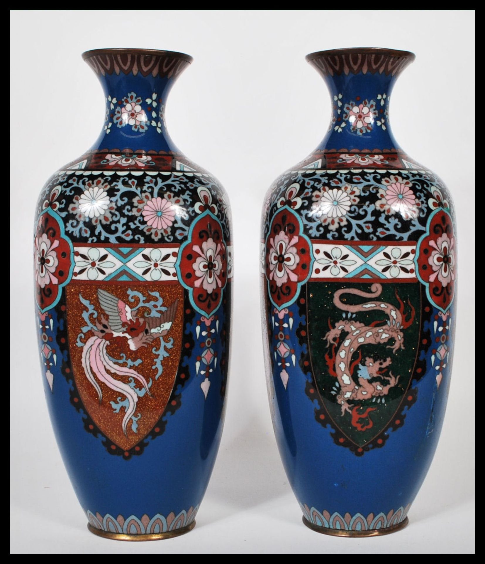 A pair of Japanese cloisonne vases of rounded square form having waisted flared rims, having - Image 2 of 4