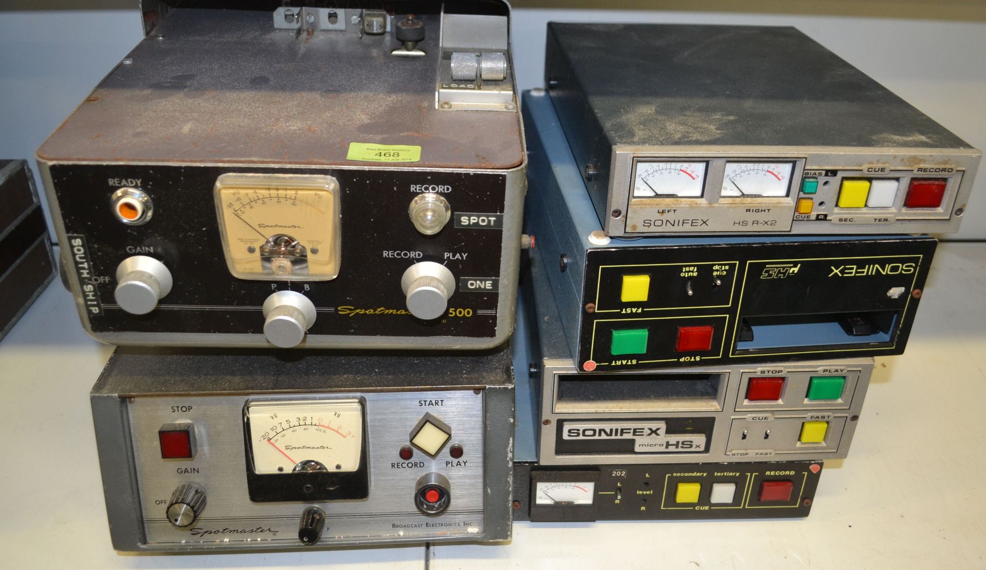 A collection of vintage 20th Century recording equipment to include a Spotmaster 500 cartridge