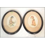 A pair of 1930's Art Deco watercolour paintings on silk depicting two women, one holding a set of