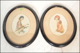 A pair of 1930's Art Deco watercolour paintings on silk depicting two women, one holding a set of