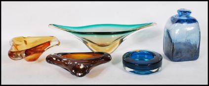 A collection of 20th Century retro studio glass to include a Whitefriars dish, a blue glass square