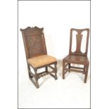 A 17th century Wainscott carved oak chair. Raised on block and turned legs united by a barley