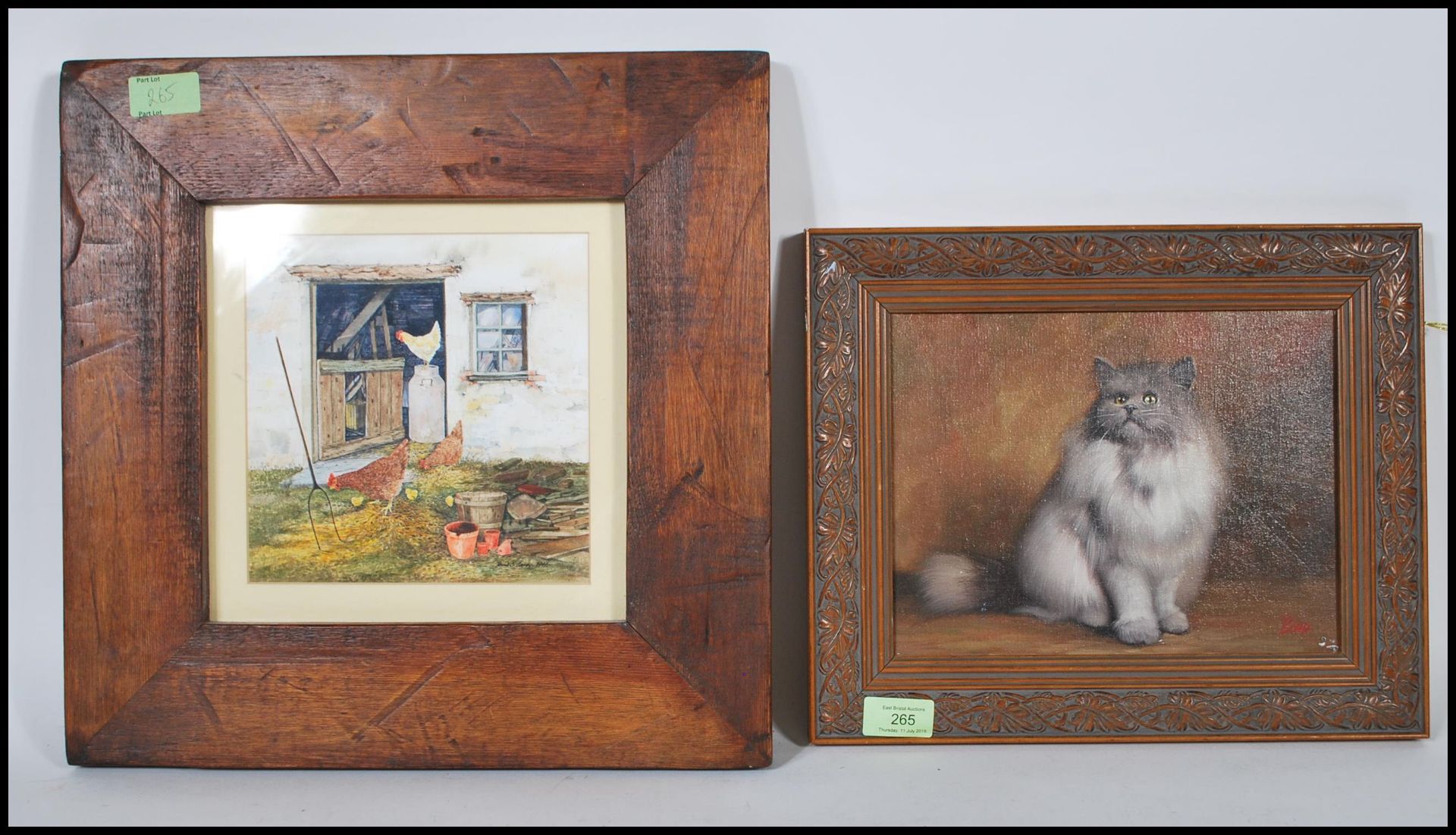 A framed oil on canvas portrait painting of a long haired cat signed to the corner Bond together