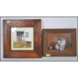 A framed oil on canvas portrait painting of a long haired cat signed to the corner Bond together