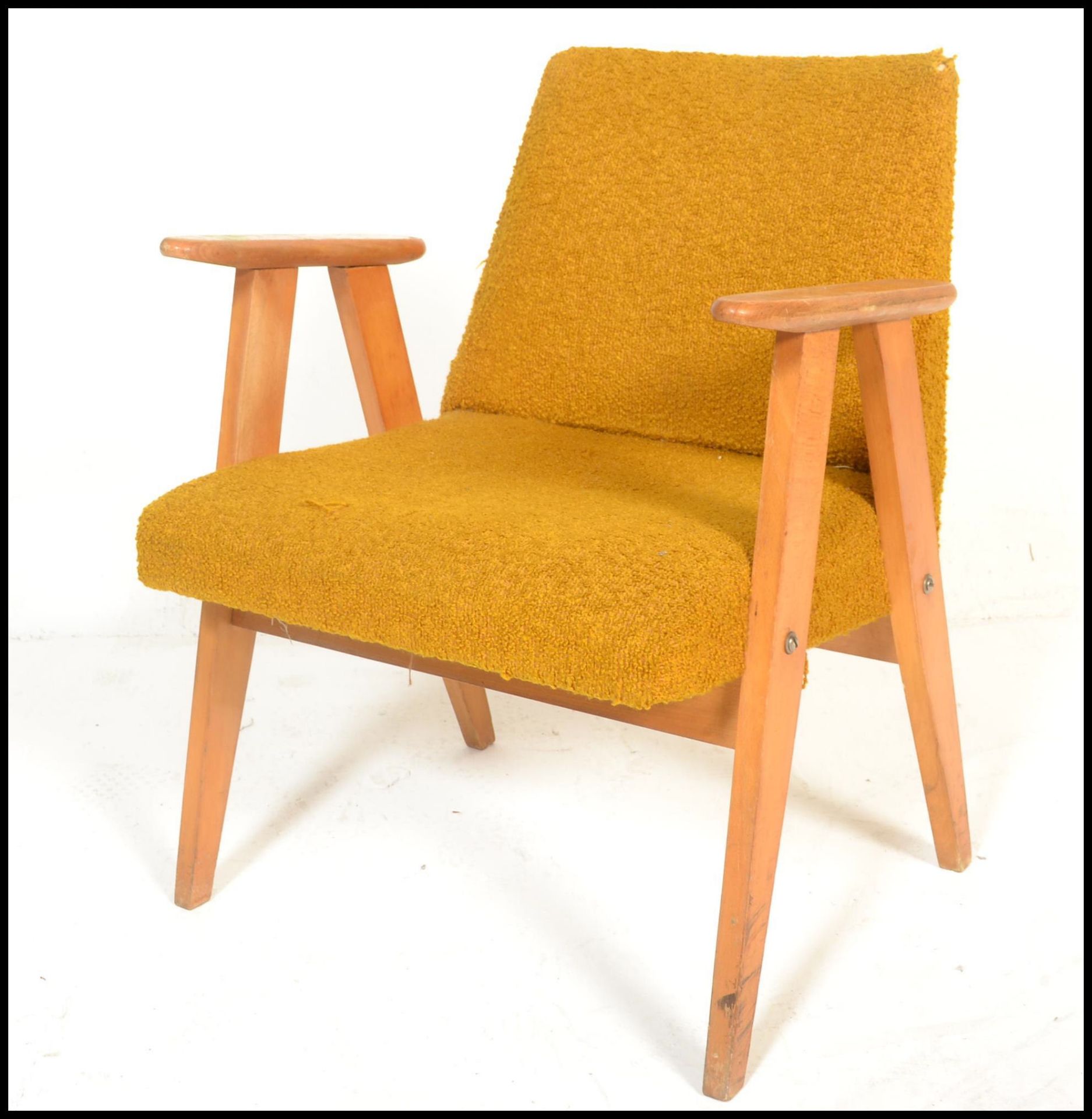 A Danish style retro 20th Century open framed beech wood lounge / fireside armchair, upholstered - Bild 2 aus 6