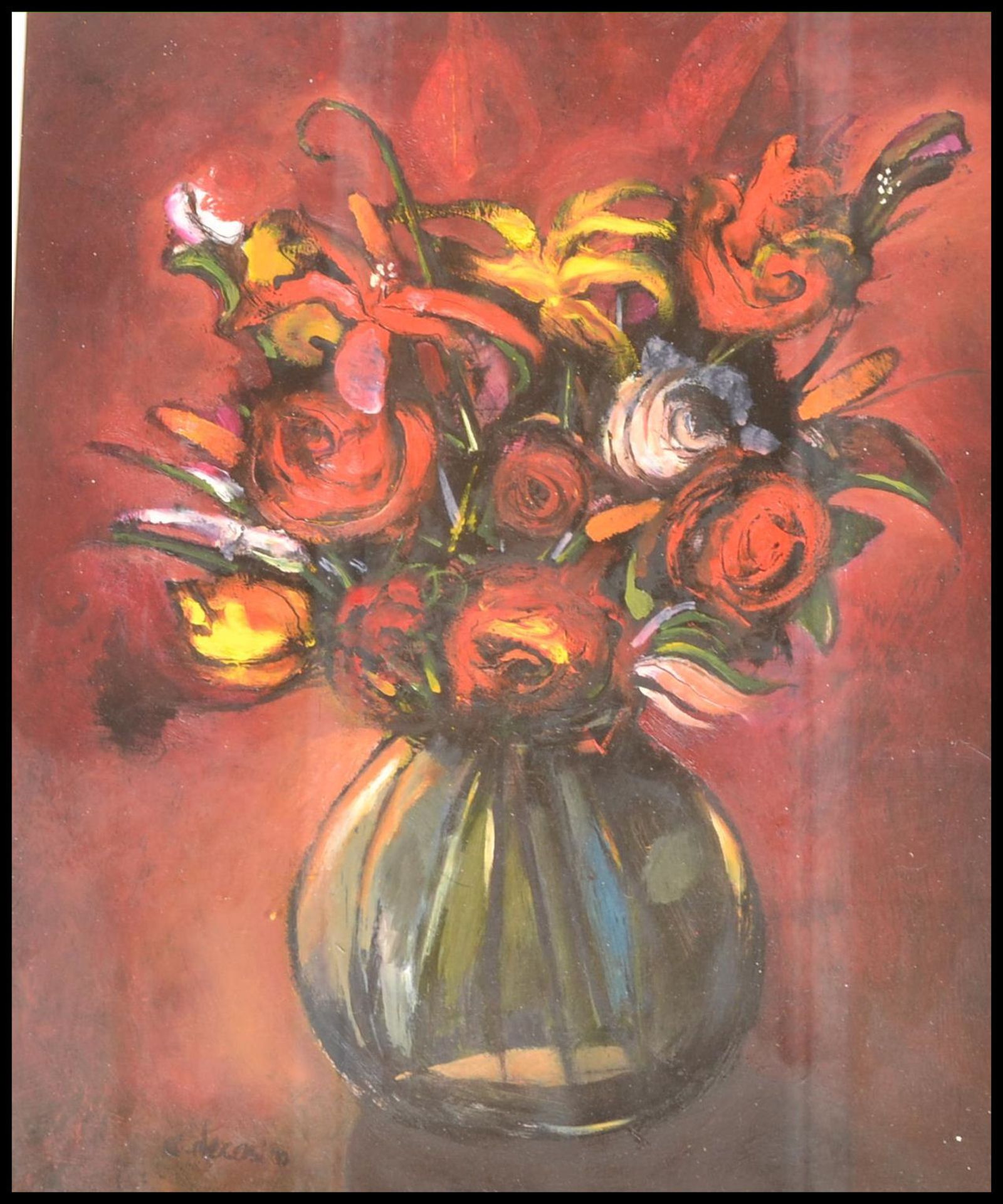 De Castro - a 20th Century oil on canvas painting depicting a bouquet of roses in a bulbous from