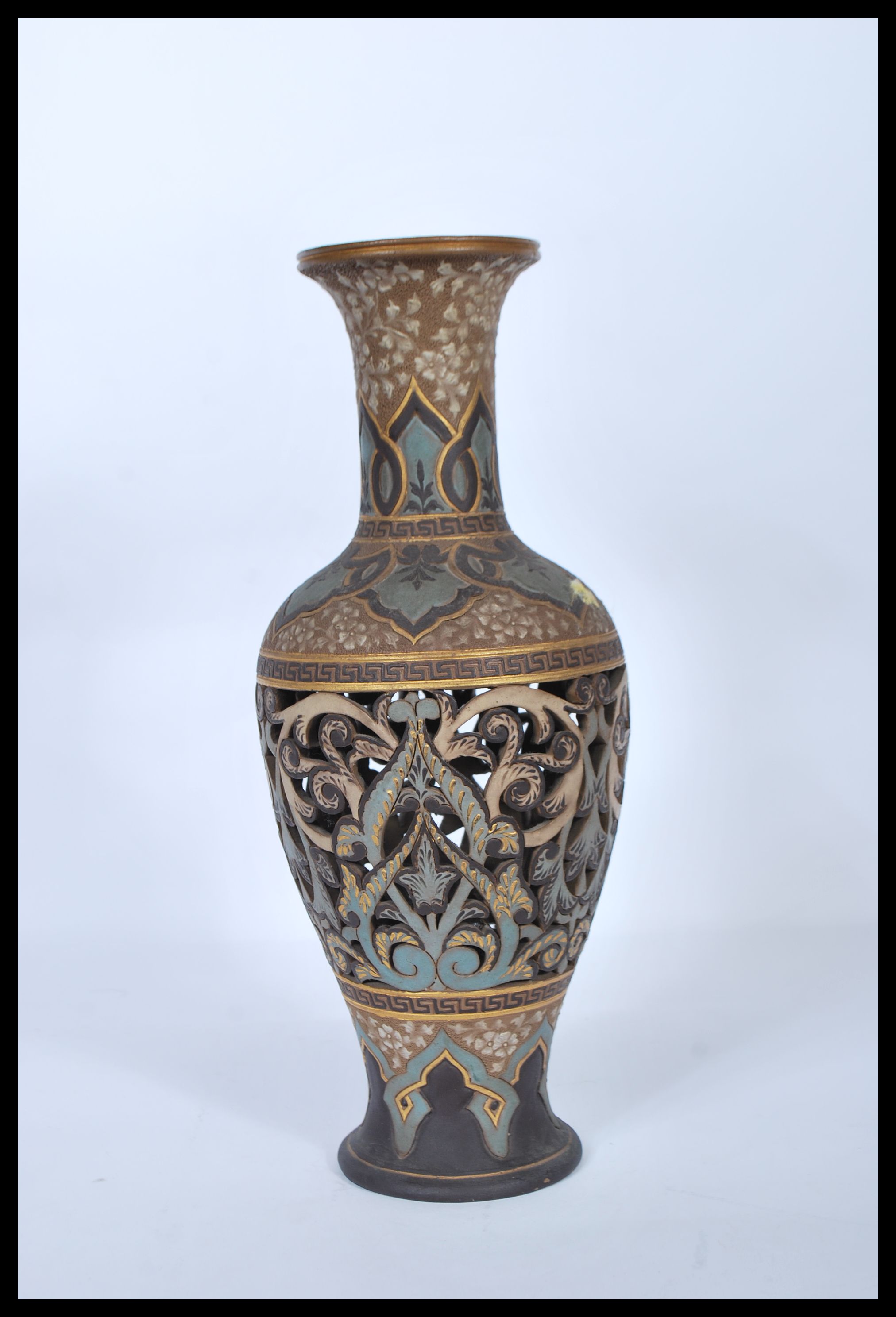 A 19th century Doulton Lambeth stoneware fret pierced vase of baluster form. Lattice pierced - Image 4 of 6