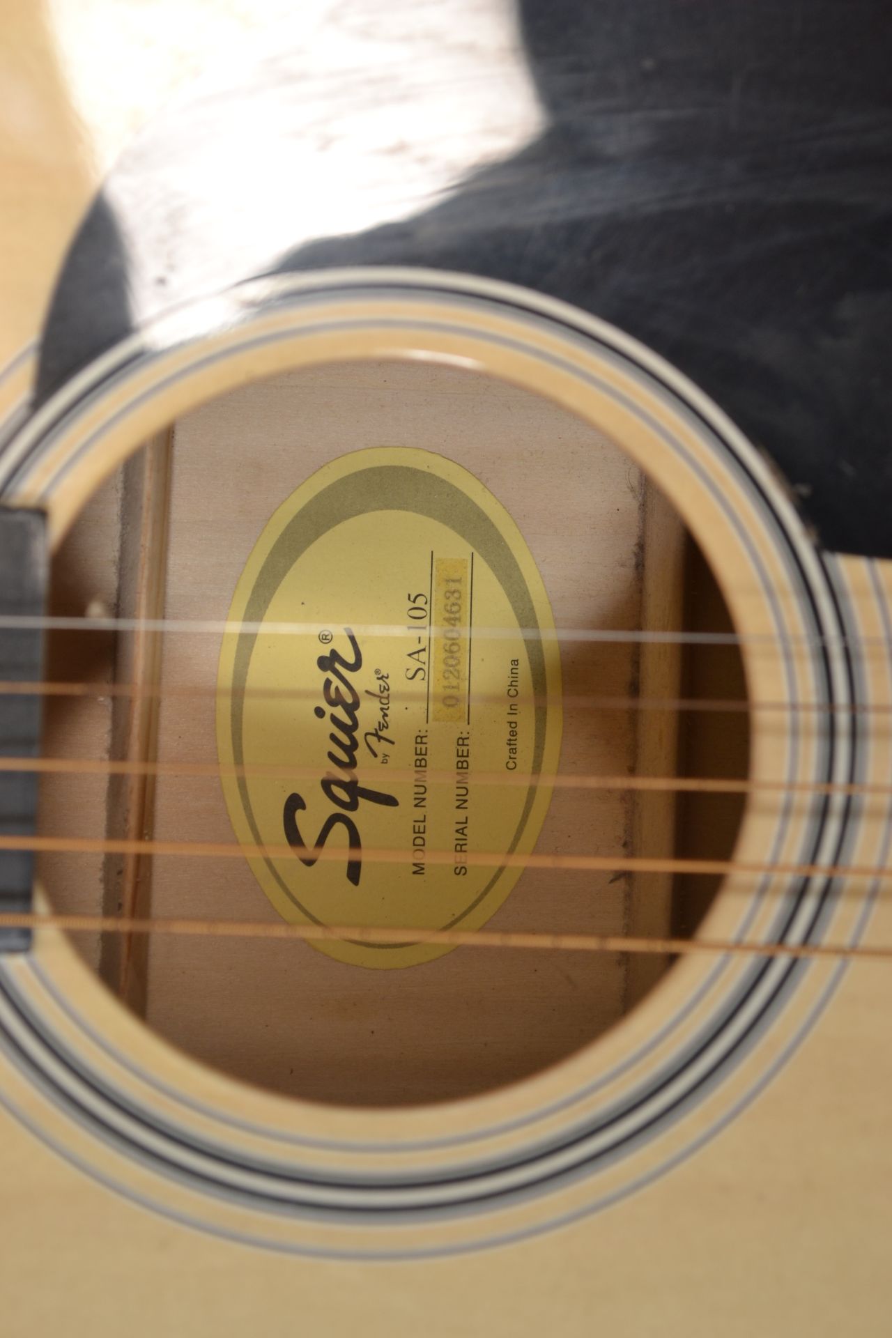A 20th Century acoustic Squire by Fender six string guitar having a shaped hollow body with mother - Bild 4 aus 5