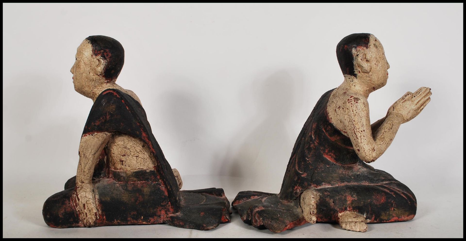 A pair of 20th Century wooden praying Buddhist Monks both in a seated kneeling position having - Image 3 of 6
