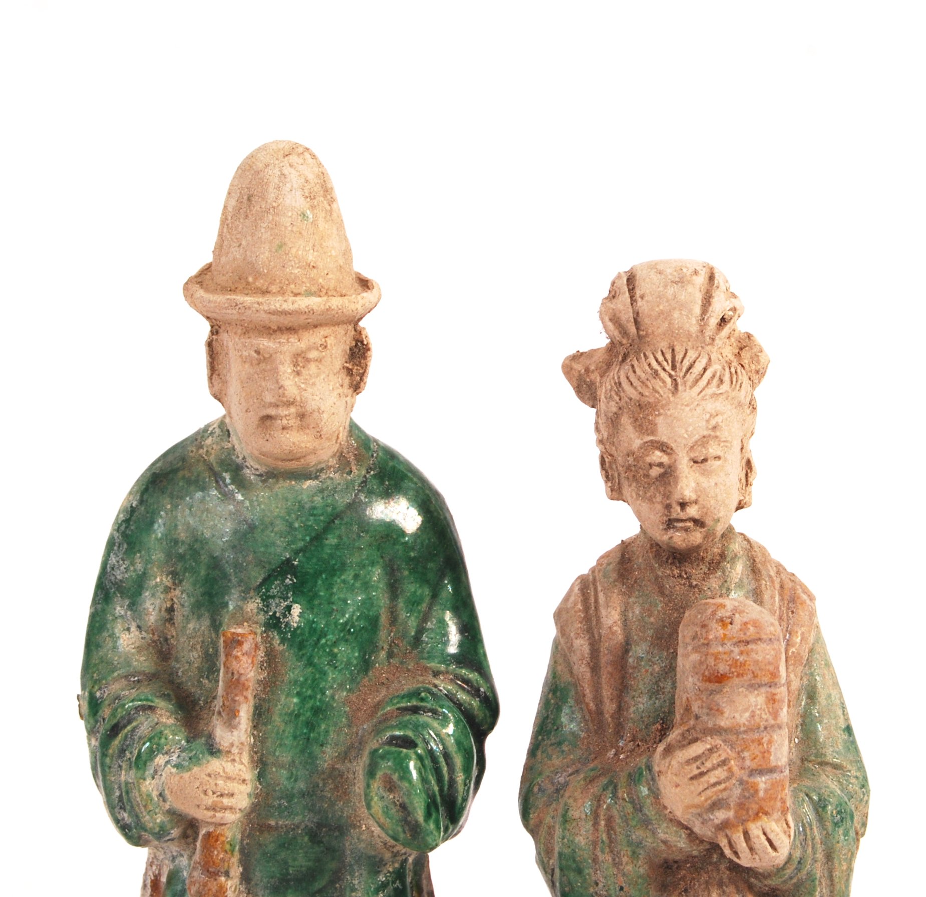 A pair of antique Chinese Ming dynasty (1368 – 1644) glazed pottery figures / tomb attendants in the - Image 3 of 4