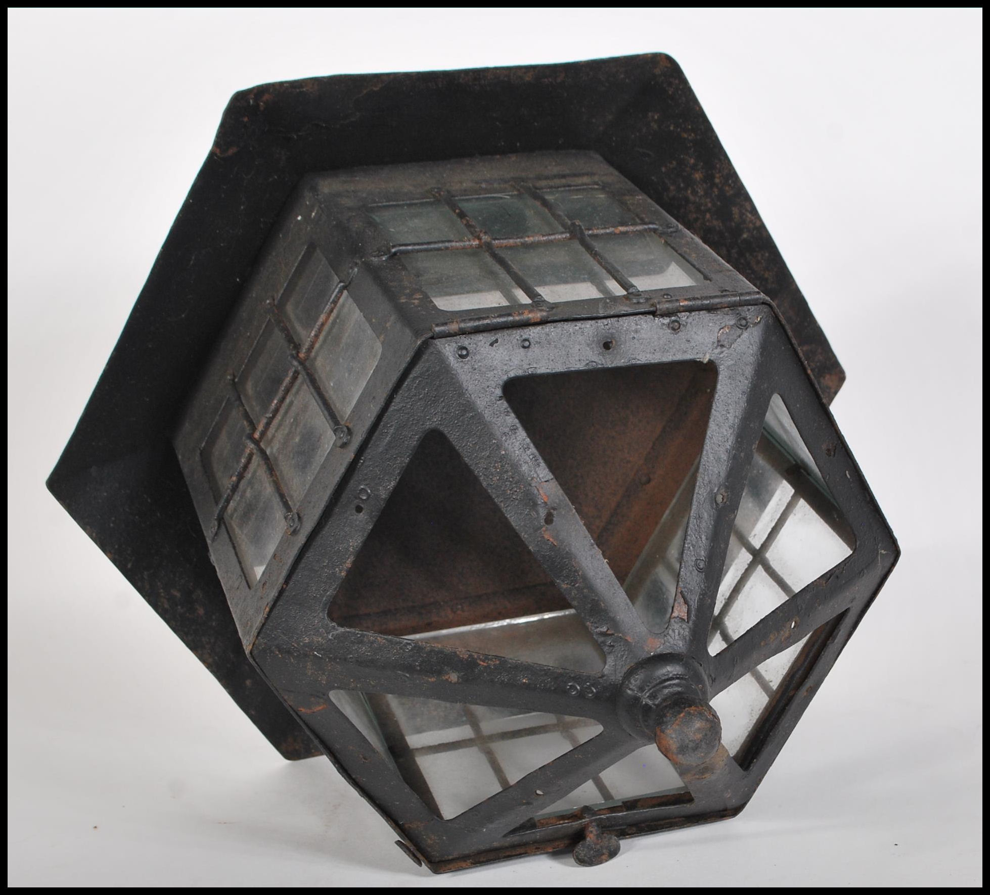 A late 19th Victorian / early 20th Century arts & crafts wrought iron lantern o f hexagonal form set - Image 5 of 5