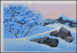 Tor Hjaltun- A original pastel painting titled 'Norwegian Winter' showing snowy scenes with mountain