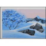 Tor Hjaltun- A original pastel painting titled 'Norwegian Winter' showing snowy scenes with mountain