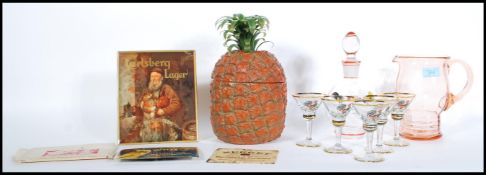A group of vintage retro brewania bar related items to include a retro pineapple ice bucket, a 50'