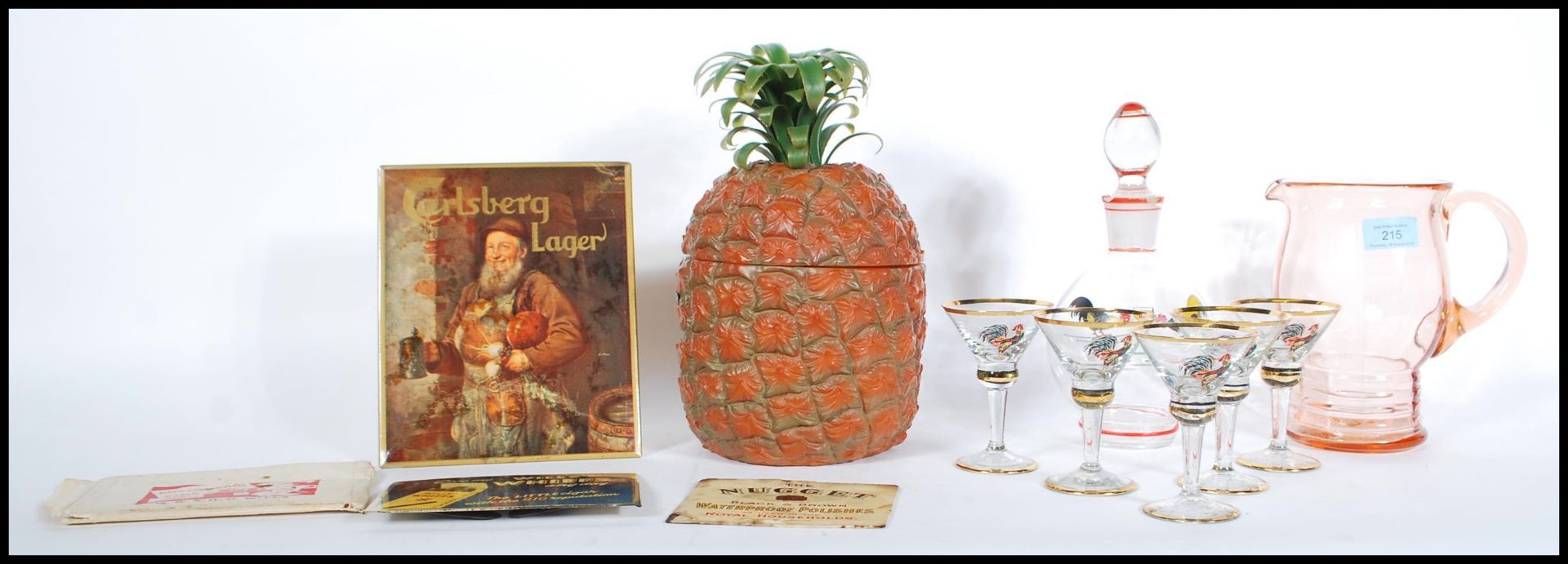 A group of vintage retro brewania bar related items to include a retro pineapple ice bucket, a 50'