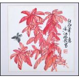 After Qi Baishi. A mid 20th Century Chinese watercolor on paper of red maple leaves having a