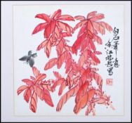 After Qi Baishi. A mid 20th Century Chinese watercolor on paper of red maple leaves having a