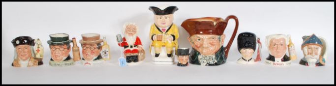 A collection of Royal Doulton character Sgt Buzfuz, Jim Beam Mr Pickwick, Mr Pick Kwik, Santa Maria,