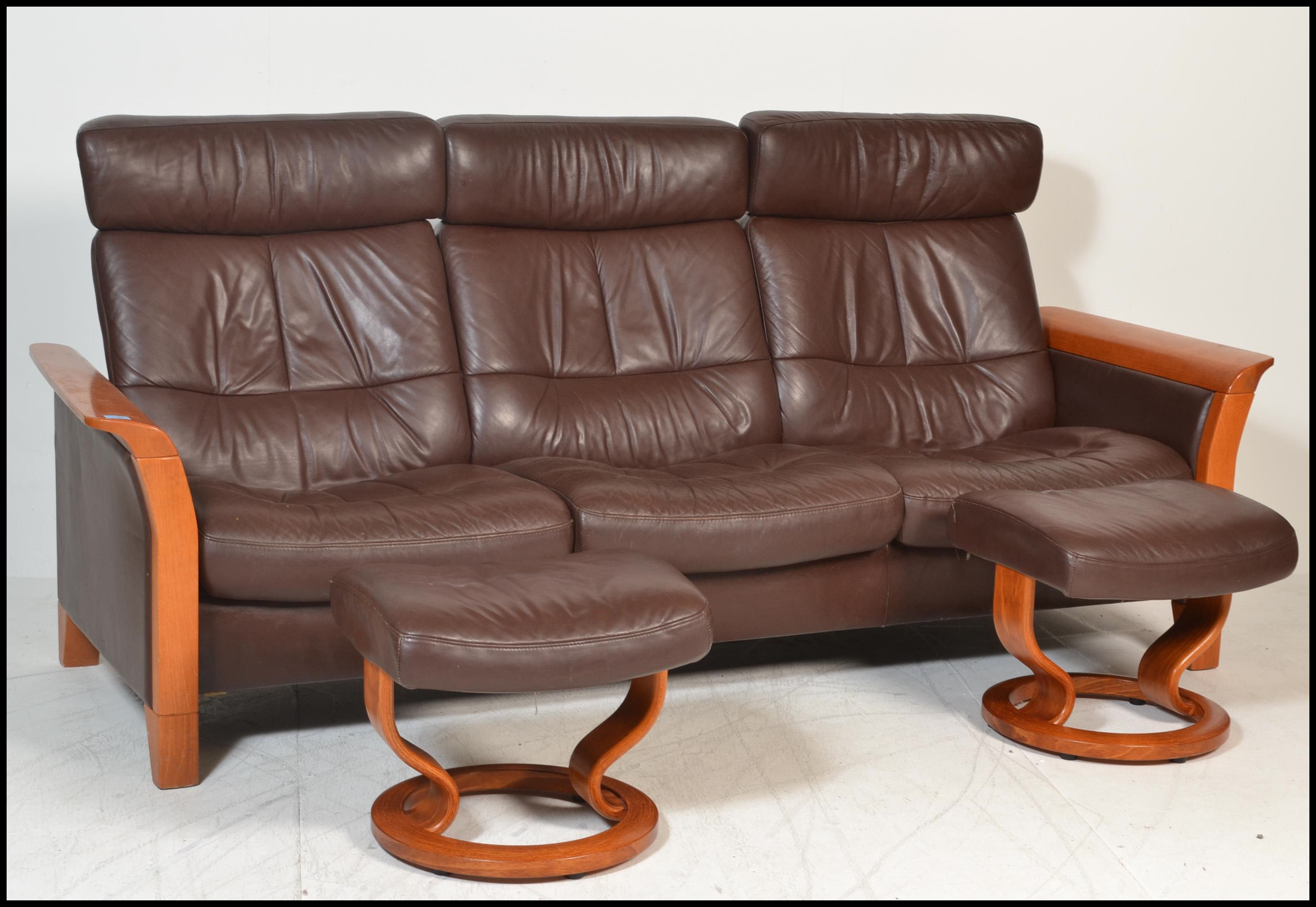An Ekornes Stressless three seater brown leather Reclining Sofa of Scandinavian design, having - Image 2 of 6