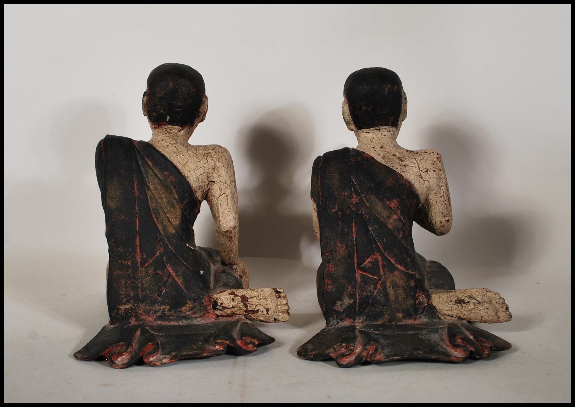 A pair of 20th Century wooden praying Buddhist Monks both in a seated kneeling position having - Image 4 of 6