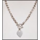 A silver 925 belcher hoop link necklace chain with t-bar  and hoop complete with heart pendant.