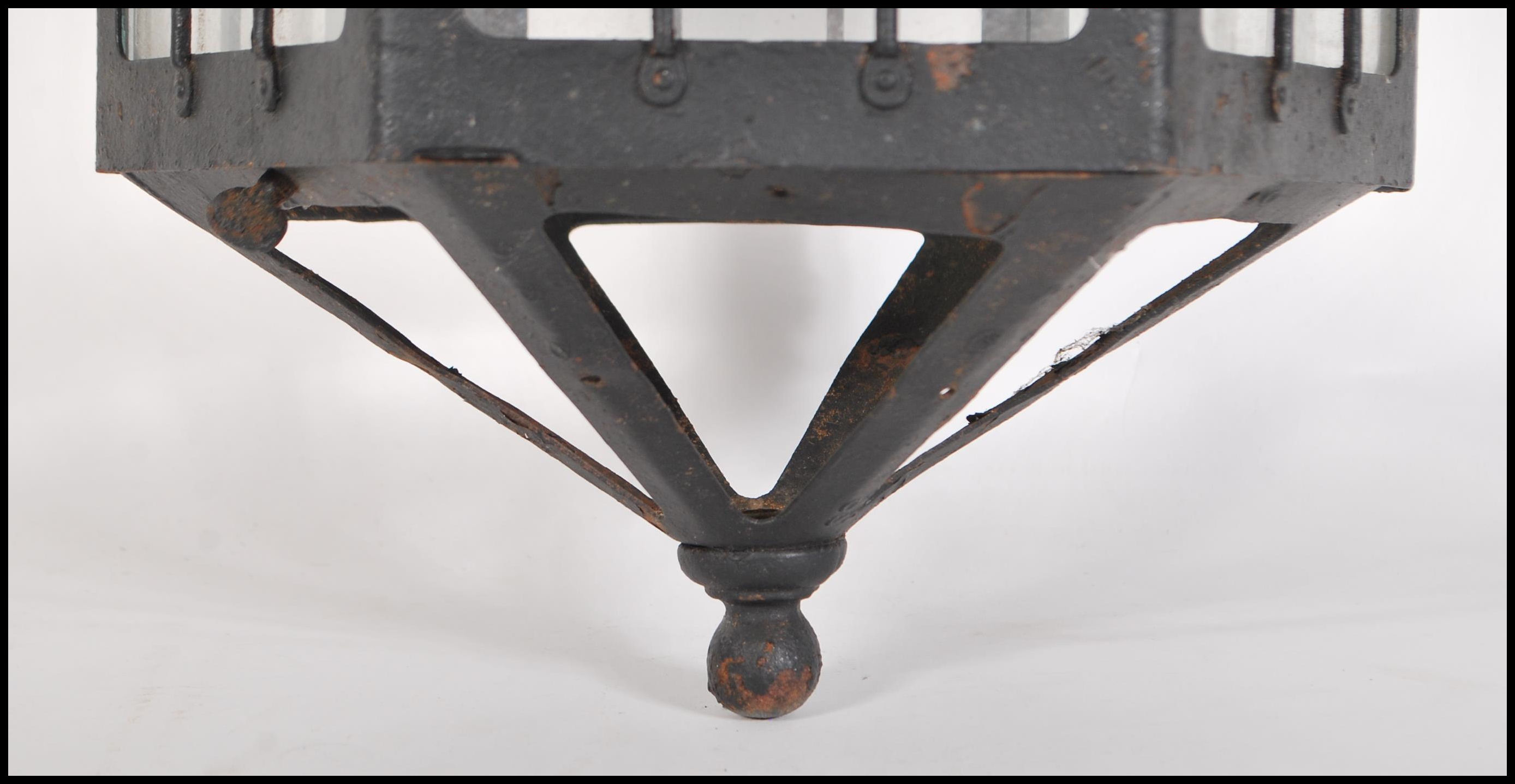 A late 19th Victorian / early 20th Century arts & crafts wrought iron lantern o f hexagonal form set - Image 2 of 5