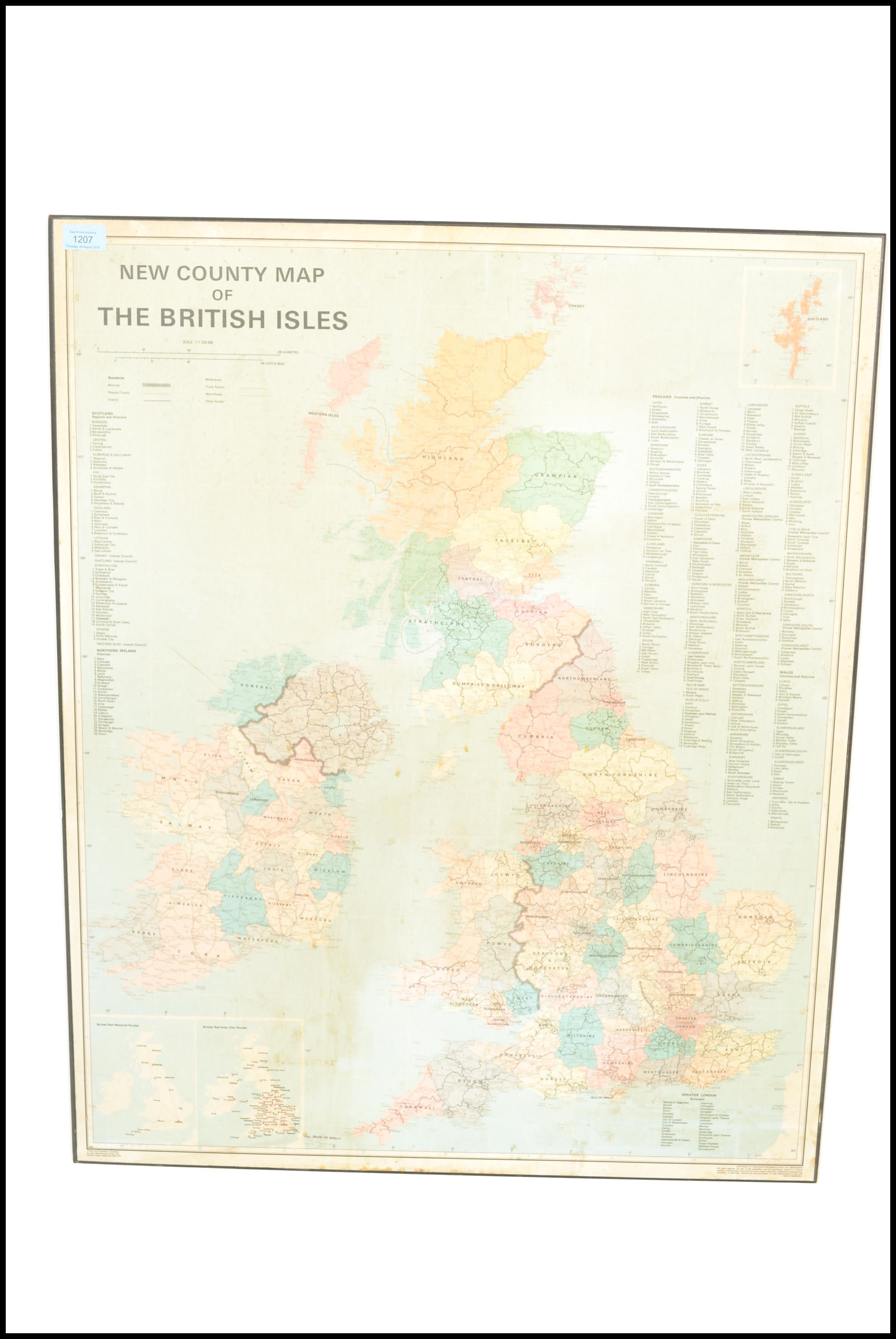 A large vintage mid 20th Century school map of The New Counties Of The British Isles set to board.