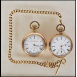 Two gold plated pocket watches, both having white enamel face with Roman numeral chapter ring,