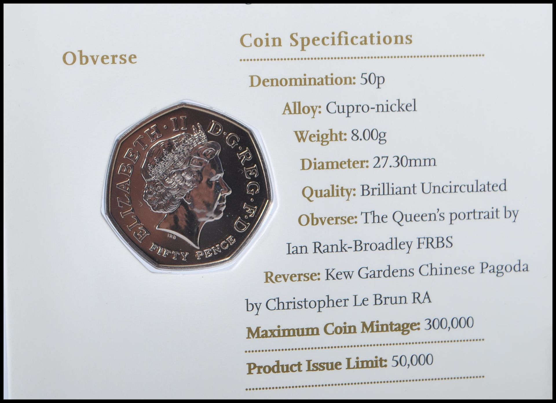 THE ROYAL MINT UNCIRCULATED 2009 KEW GARDENS 50p COIN, mounted to a presentation card - Bild 4 aus 4