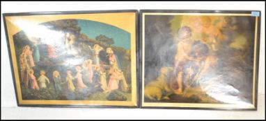 A pair of vintage early 20th Century prints on tin pictures of religious scenes, notation to base of