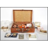 A collection of vintage costume jewelry to include necklaces one being tigers eye, silver rings,